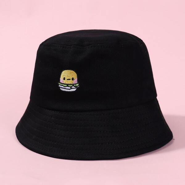 

Kids Cartoon Hamburger Embroidered Bucket Hat, Black