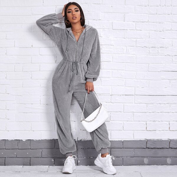 

Zip Front Drawstring Front Teddy Jumpsuit, Grey