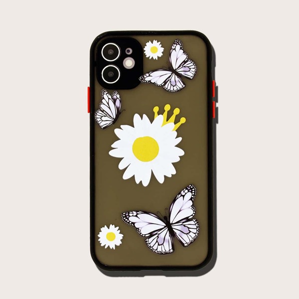 

Butterfly & Flower Print Contrast Frame iPhone Case, Black