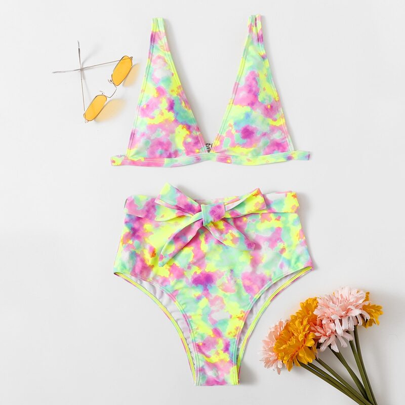

Tie Dye Knot High Waist Bikini Swimsuit, Multicolor
