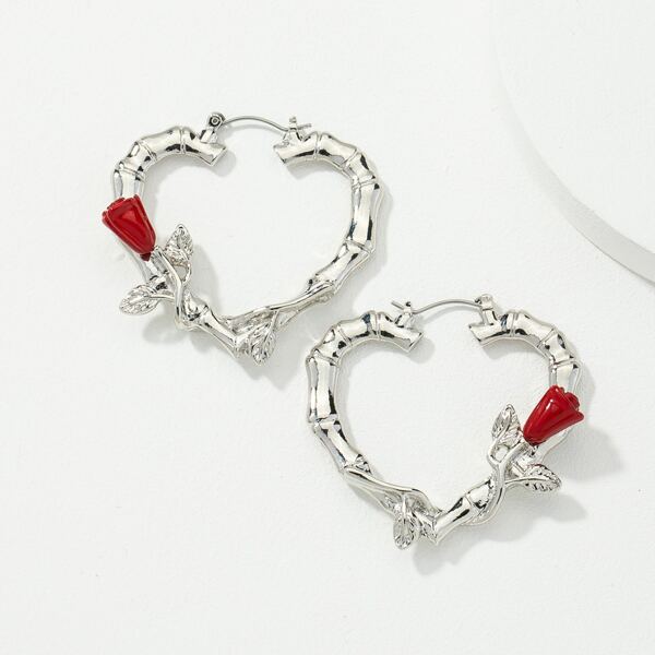 

Flower Heart Design Hoop Earrings, Silver