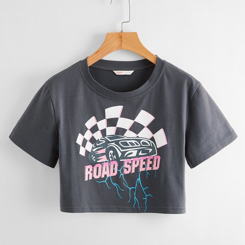 

Car & Letter Graphic Crop Tee, Dark grey