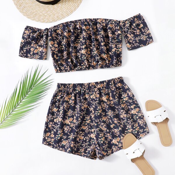 

Off Shoulder Allover Floral Top & Shorts Set, Multicolor