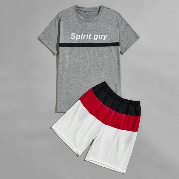 

Men Slogan Graphic Tee & Cut And Sew Shorts, Multicolor