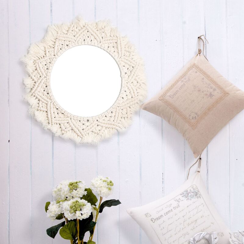 

1pc Woven Tassel Rim Wall Hanging Mirror, Beige