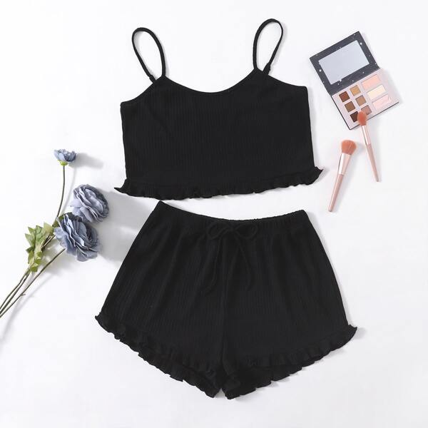 

Plus Solid Frill Trim Pajama Set, Black