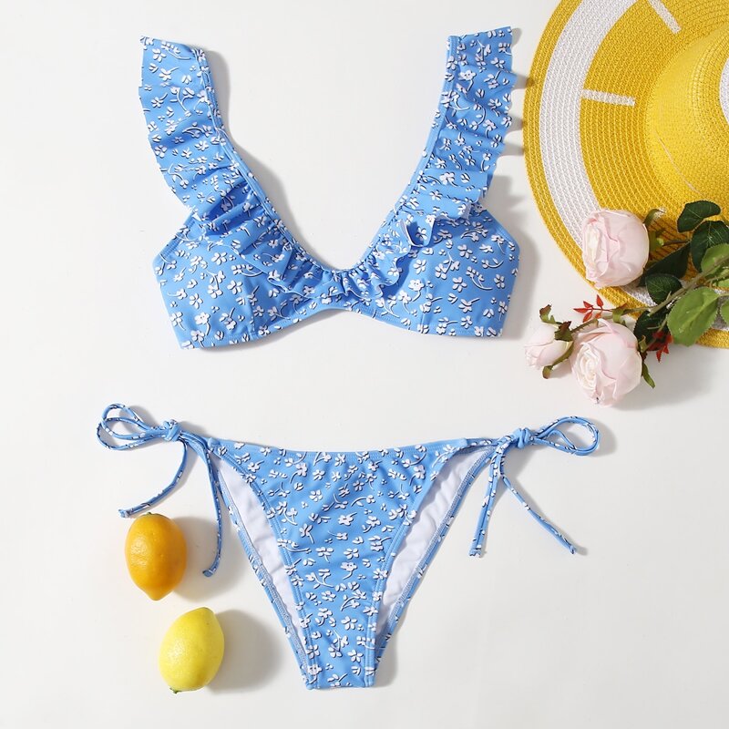 

Ditsy Floral Ruffle Trim Bikini Swimsuit, Multicolor