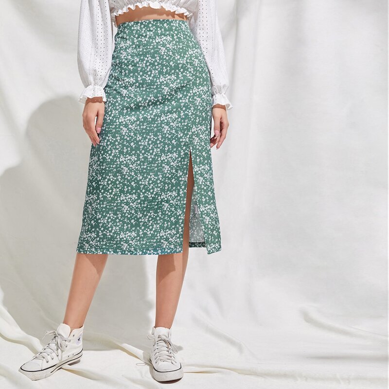 

Ditsy Floral Split Skirt, Mint green