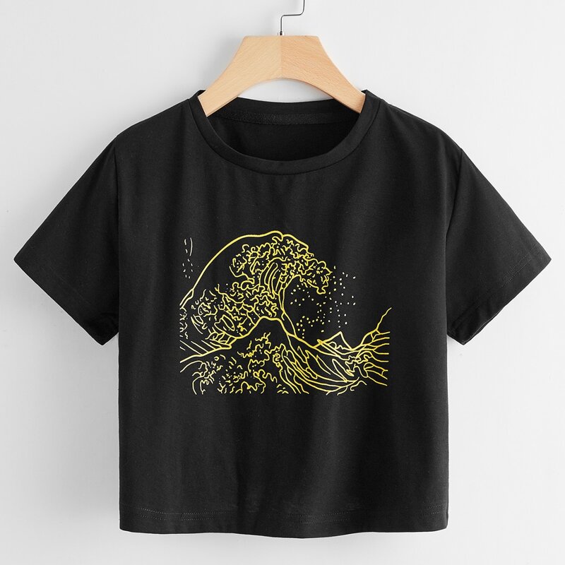 

Wave Graphic Crop Tee, Black