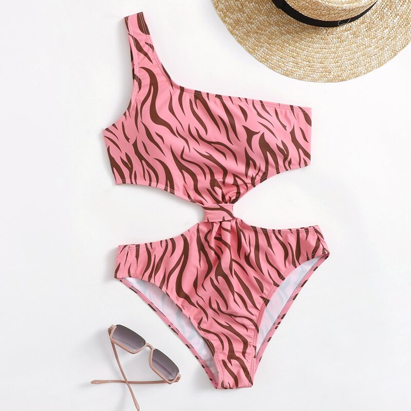 

Graphic Cut-out One Shoulder One Piece Swimsuit, Multicolor