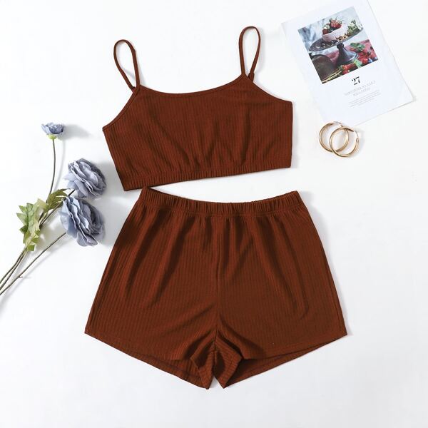 

Plus Rib-knit Cami Pajama Set, Chocolate brown