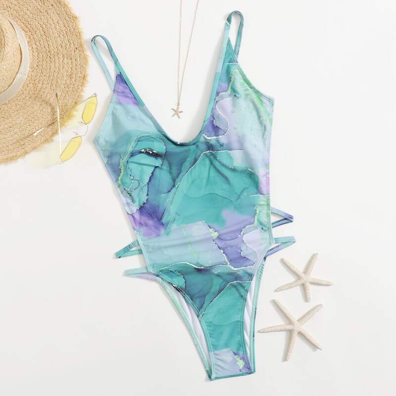 

Graphic Cut-out One Piece Swimsuit, Multicolor