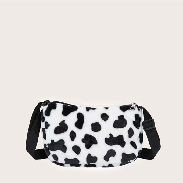 

Fluffy Cow Pattern Crossbody Bag, Black and white
