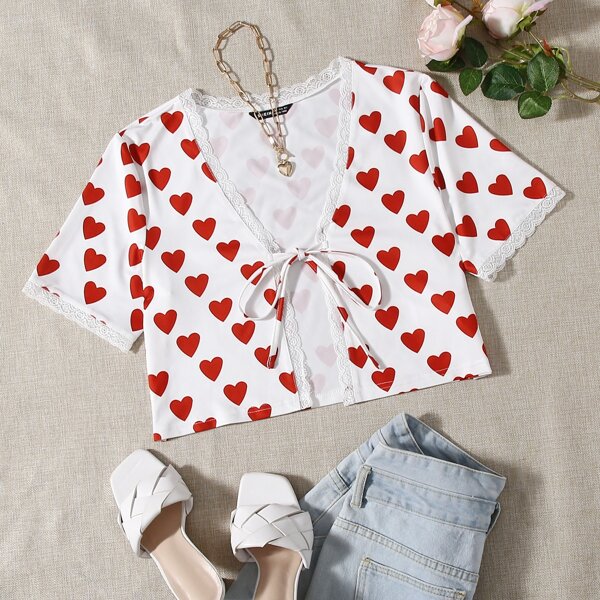 

Tie Front Heart Print Top, White