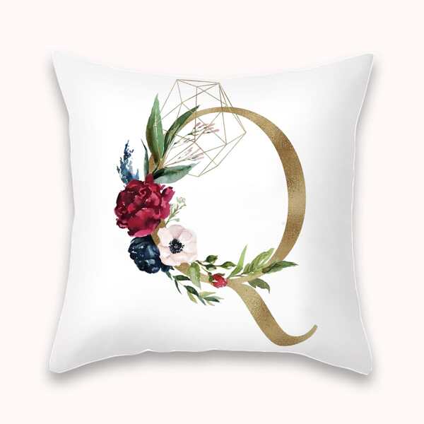 

Letter & Flower Print Cushion Cover Without Filler, Multicolor