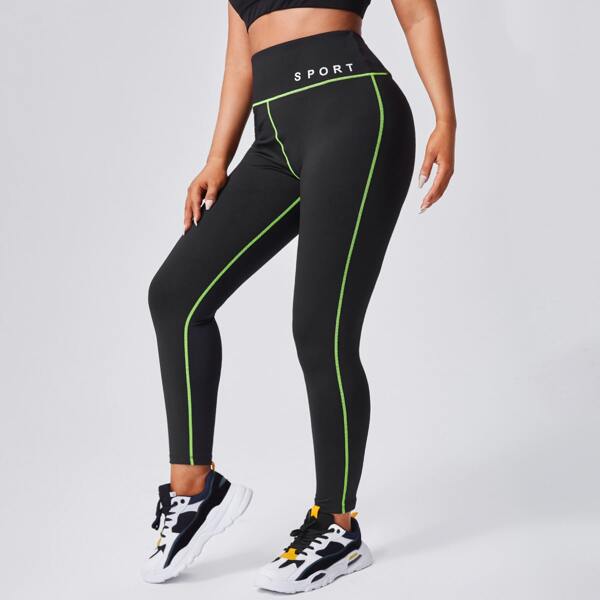 

Plus Contrast Binding Letter Graphic Sports Leggings, Black