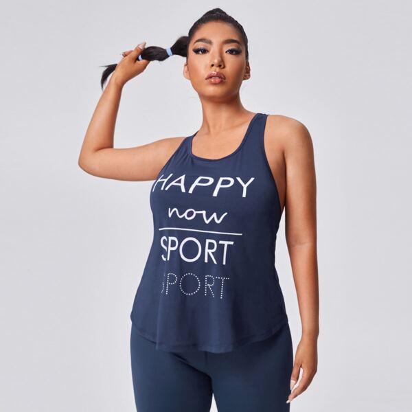 

Plus Slogan Graphic Racer Back Sports Tank Top, Navy blue
