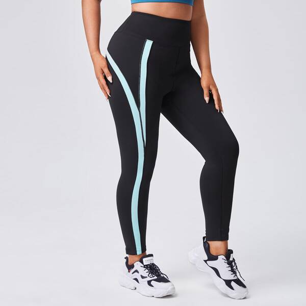 

Plus Contrast Panel Sports Leggings, Black