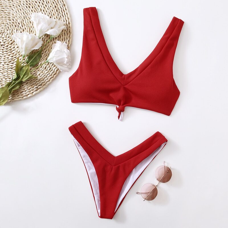 

Knot Detail High Leg Bikini Swimsuit, Red