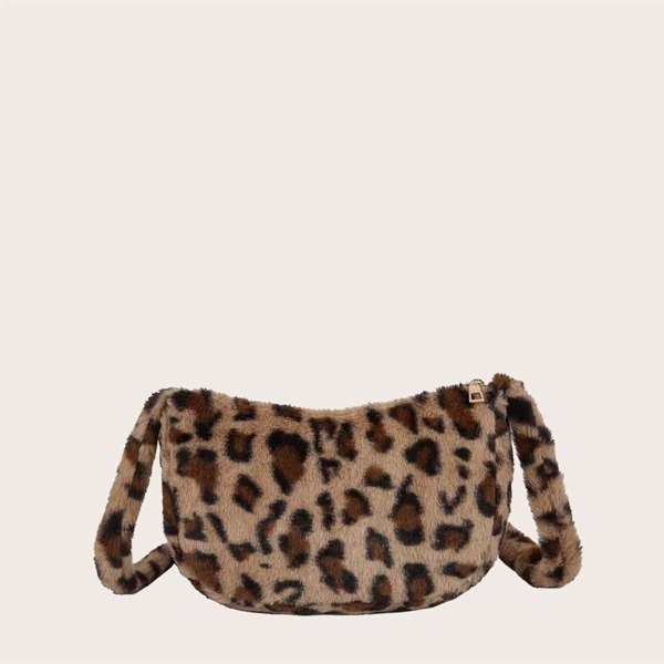 

Fluffy Leopard Pattern Crossbody Bag, Brown
