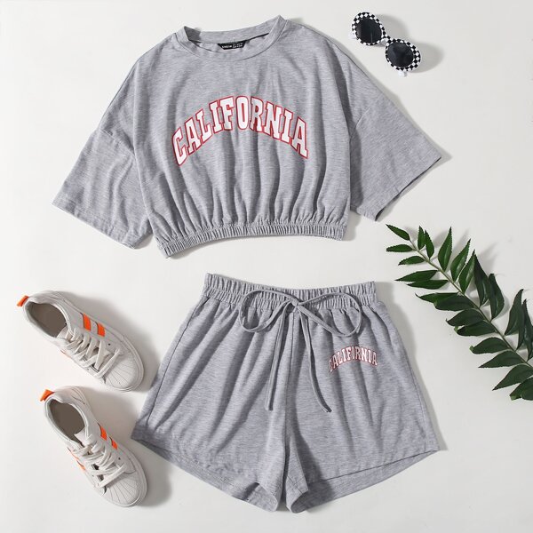 

Letter Graphic Crop Tee & Track Shorts, Light grey