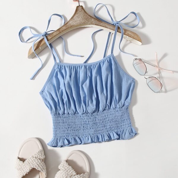 

Solid Shirred Knotted Cami Top, Dusty blue