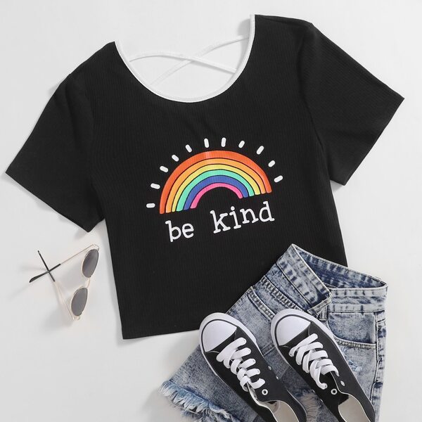 

Plus Contrast Neck Crisscross Back Rainbow & Letter Print Rib-knit Tee, Black