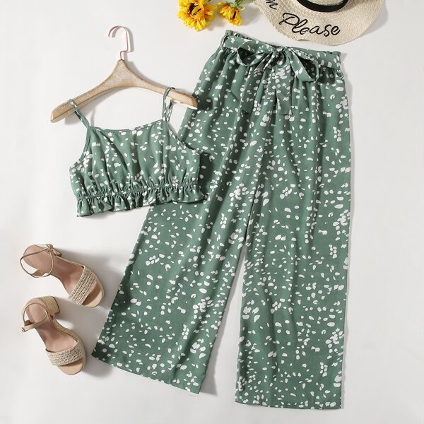 

Allover Print Ruffle Hem Cami Top With Belted Wide Leg Pants, Green