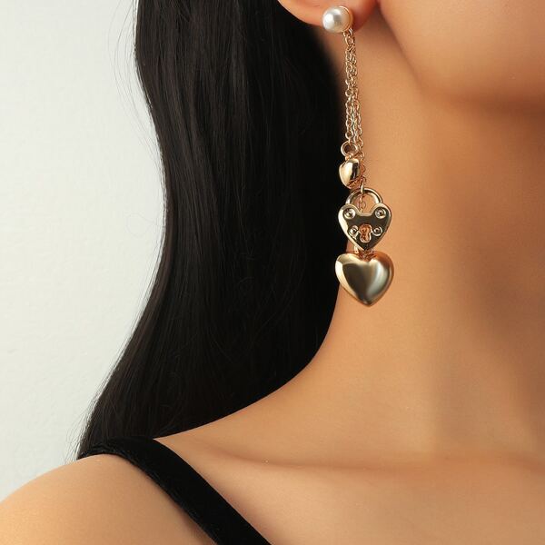

Faux Pearl Heart Design Drop Earrings, Gold