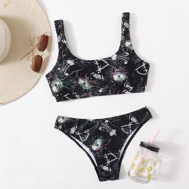 

Eye Print Tank Bikini Swimsuit, Black