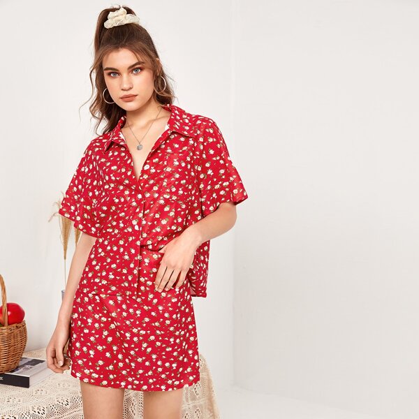 

Drop Shoulder Ditsy Floral Blouse & Skirt Set, Burgundy