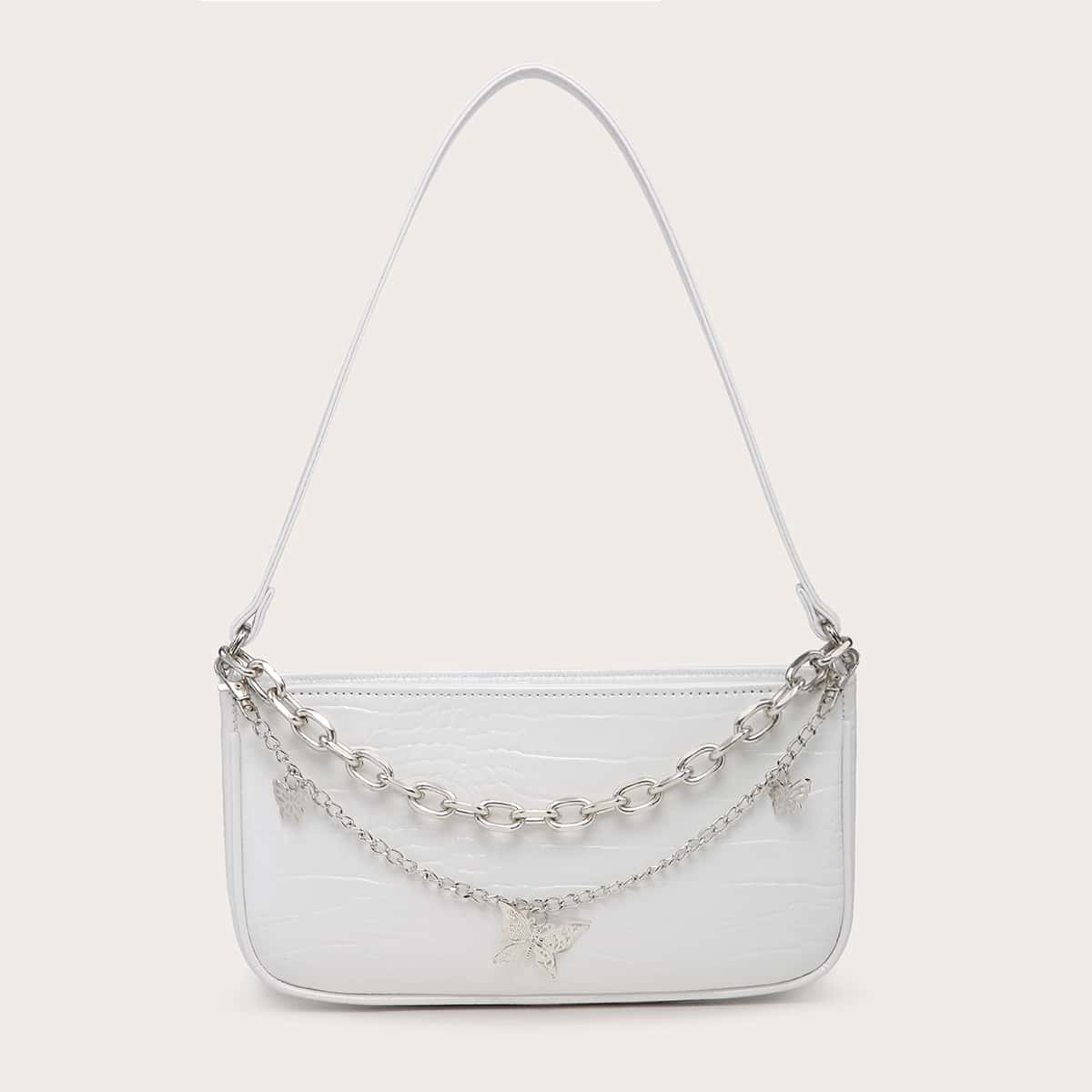 

Butterfly Chain Croc Embossed Baguette Bag, White