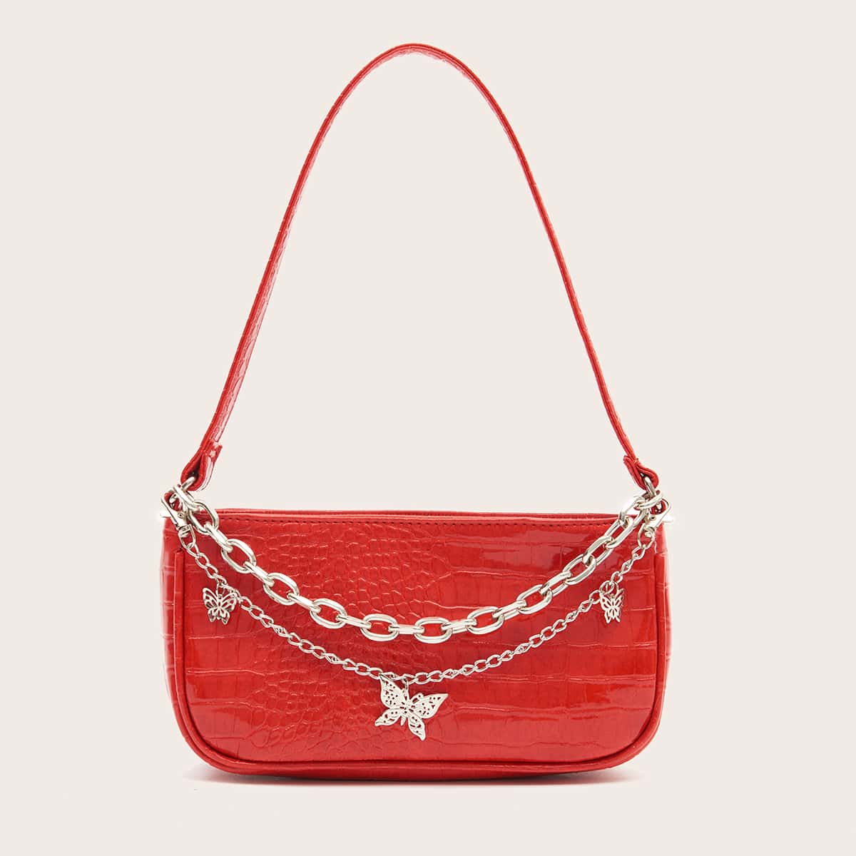 

Butterfly Chain Croc Embossed Baguette Bag, Red