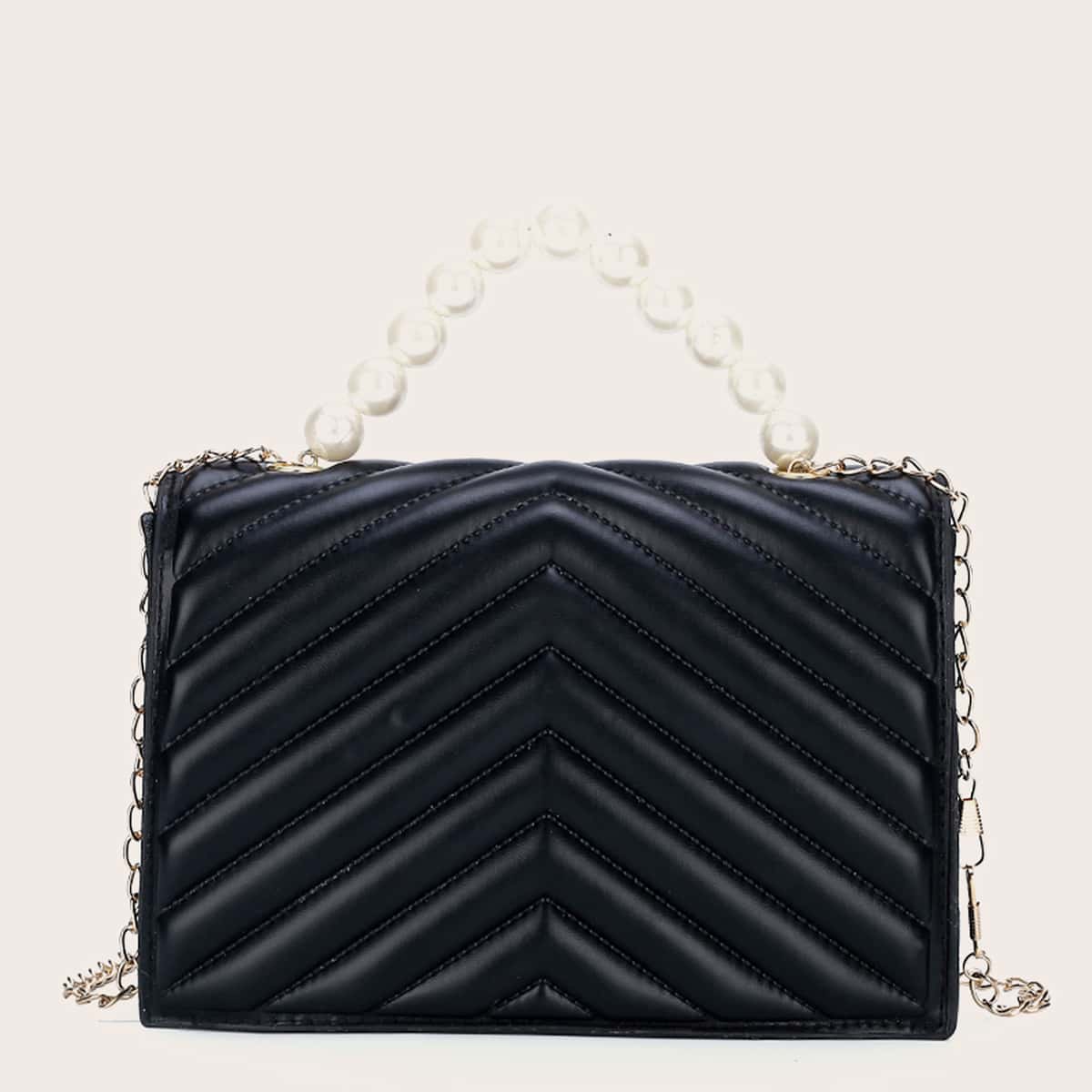 

Faux Pearl Beaded Chevron Chain Satchel Bag, Black