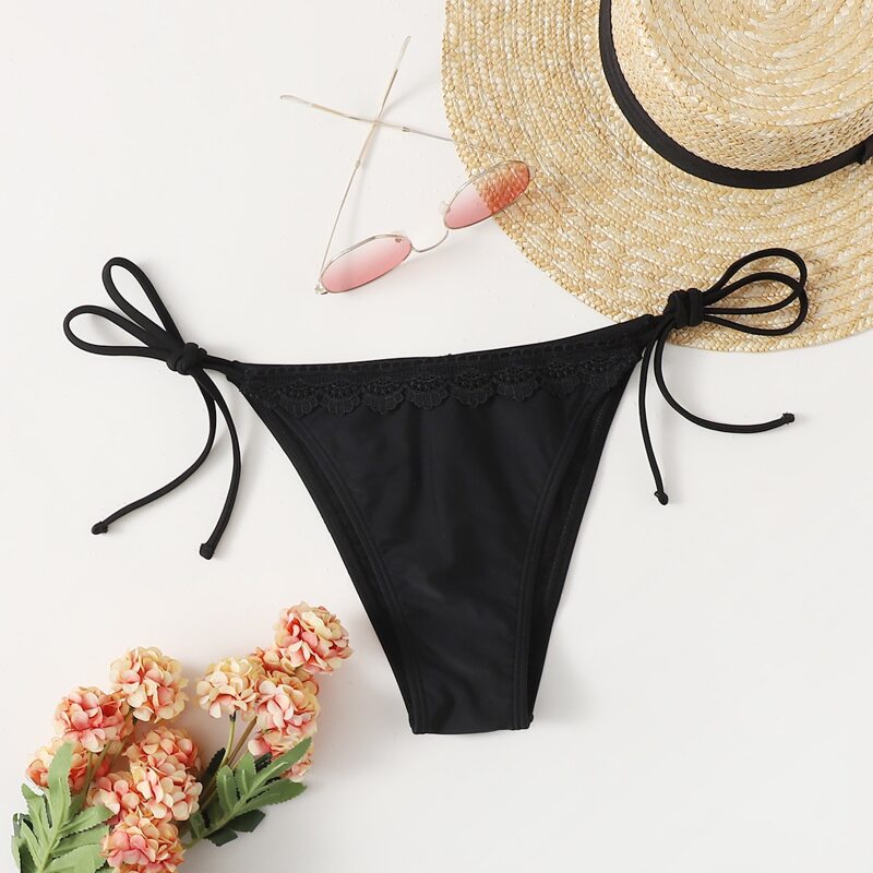 

Contrast Lace Tie Side Bikini Bottom, Black