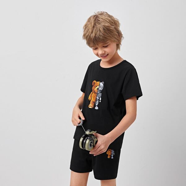 

Boys Bear Print Tee With Track Shorts, Black