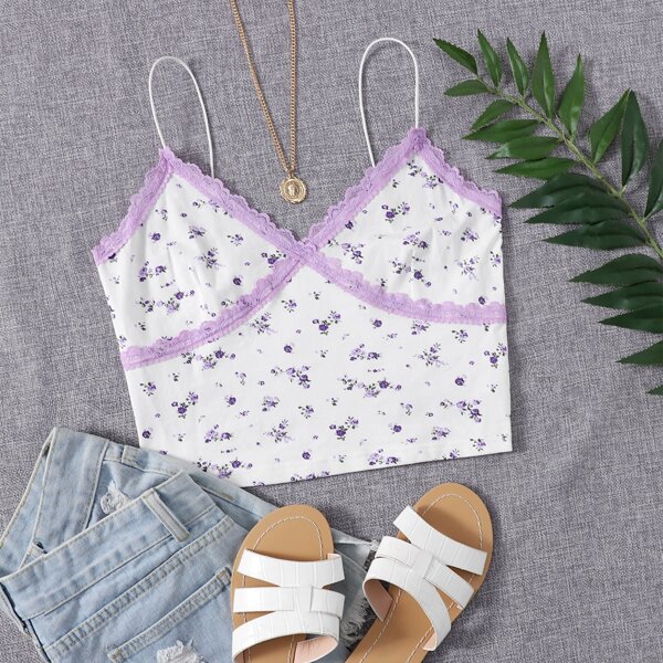 

Lace Trim Floral Print Cami Top, White