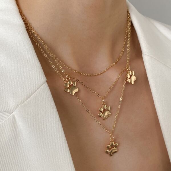

Cartoon Cat Paw Pendant Layered Necklace, Gold