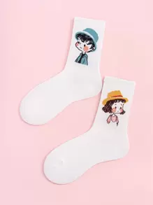 2 pares calcetines con estampado de dibujos animados - Blanco - Ver 1