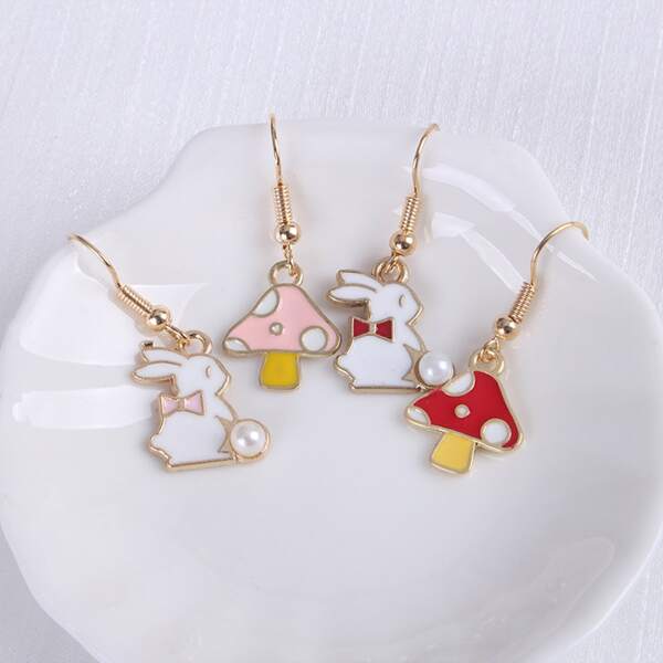 

2pairs Rabbit & Mushroom Charm Drop Earrings, Multicolor