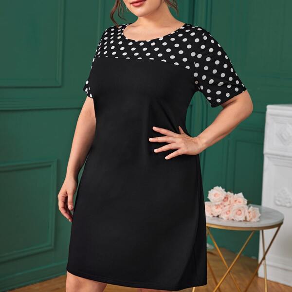 

Plus Polka Dot Yoke Tee Dress, Black
