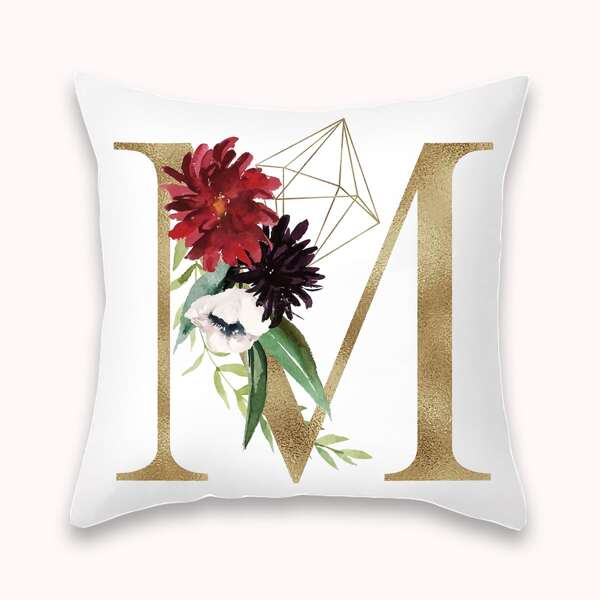 

Letter & Flower Print Cushion Cover Without Filler, Multicolor