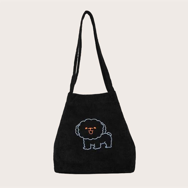 

Cartoon Graphic Corduroy Tote Bag, Black