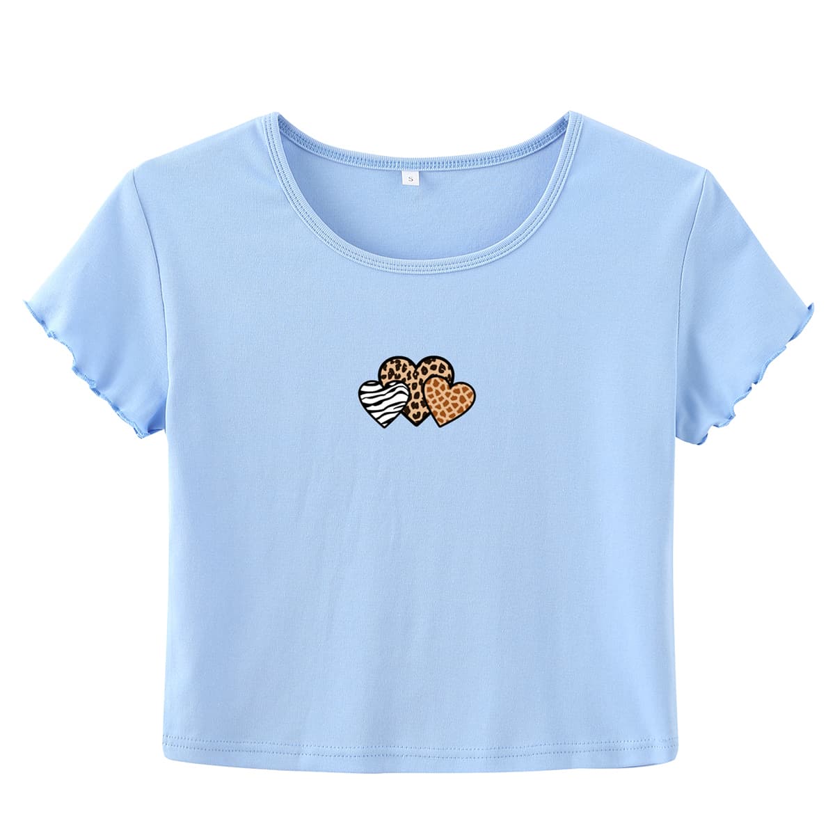 

Heart Graphic Lettuce Trim Crop Tee, Baby blue
