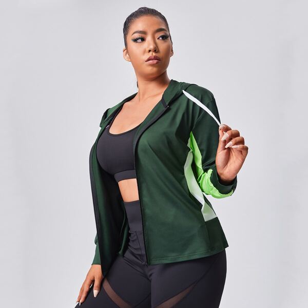 

Plus Colorblock Zip Up Drawstring Hooded Sports Jacket, Dark green