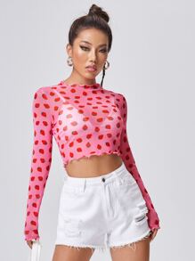 SHEIN ICON 生菜邊滿版草莓圖案透明網紗短版上衣不帶胸罩 - 粉色 - 查看 1