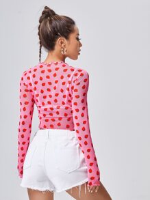 SHEIN ICON 生菜邊滿版草莓圖案透明網紗短版上衣不帶胸罩 - 粉色 - 查看 2