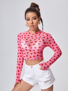 SHEIN ICON 生菜邊滿版草莓圖案透明網紗短版上衣不帶胸罩 - 粉色 - 查看 3