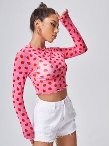 SHEIN ICON 生菜邊滿版草莓圖案透明網紗短版上衣不帶胸罩 - 粉色 - 查看 5