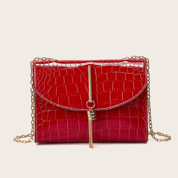 

Metal Tassel Charm Croc Embossed Chain Bag, Red